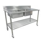 1900 X 600mm Portable Commercial Double Bowl Kitchen Sink S/Steel Wheels Castors