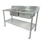 1900 X 600mm Portable Commercial Double Bowl Kitchen Sink S/Steel Wheels Castors