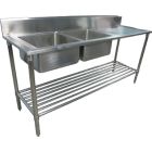2200 X 600mm Double Bowl Left Kitchen Sink S/Steel W/ Wheels 2Xundershelves