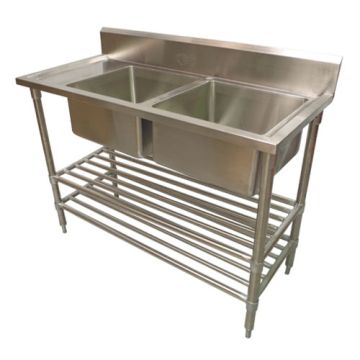 1300 X 600mm Commercial Double Bowl Right Kitchen Sink S/Steel 2Xundershelves
