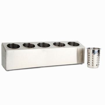 Stainless Steel Cutlery Utensil Single Row Basket Holder W/ 5 Holes & Inserts