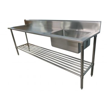 2400 X 600mm Single Bowl Right Kitchen Sink S/Steel W/ Wheels 1Xundershelves