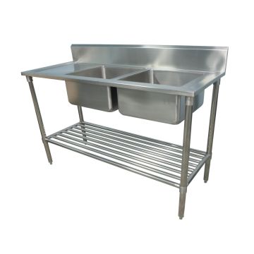 2200 X 600mm Double Bowl Right Kitchen Sink S/Steel 2Xundershelves