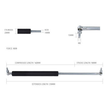 1 X Pair Universal Gas Struts 400N 250mm Extended Length 14mm/28mm Rod/Cylinder