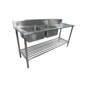 1900X600mm Double Bowl Left Kitchen Sink S/Steel W/ Wheels 2Xundershelves